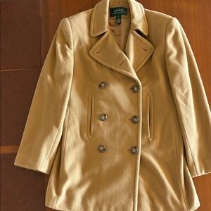 Lauren Ralph Lauren Camel Double Breasted Wool & Cashmere Blend Pea Coat